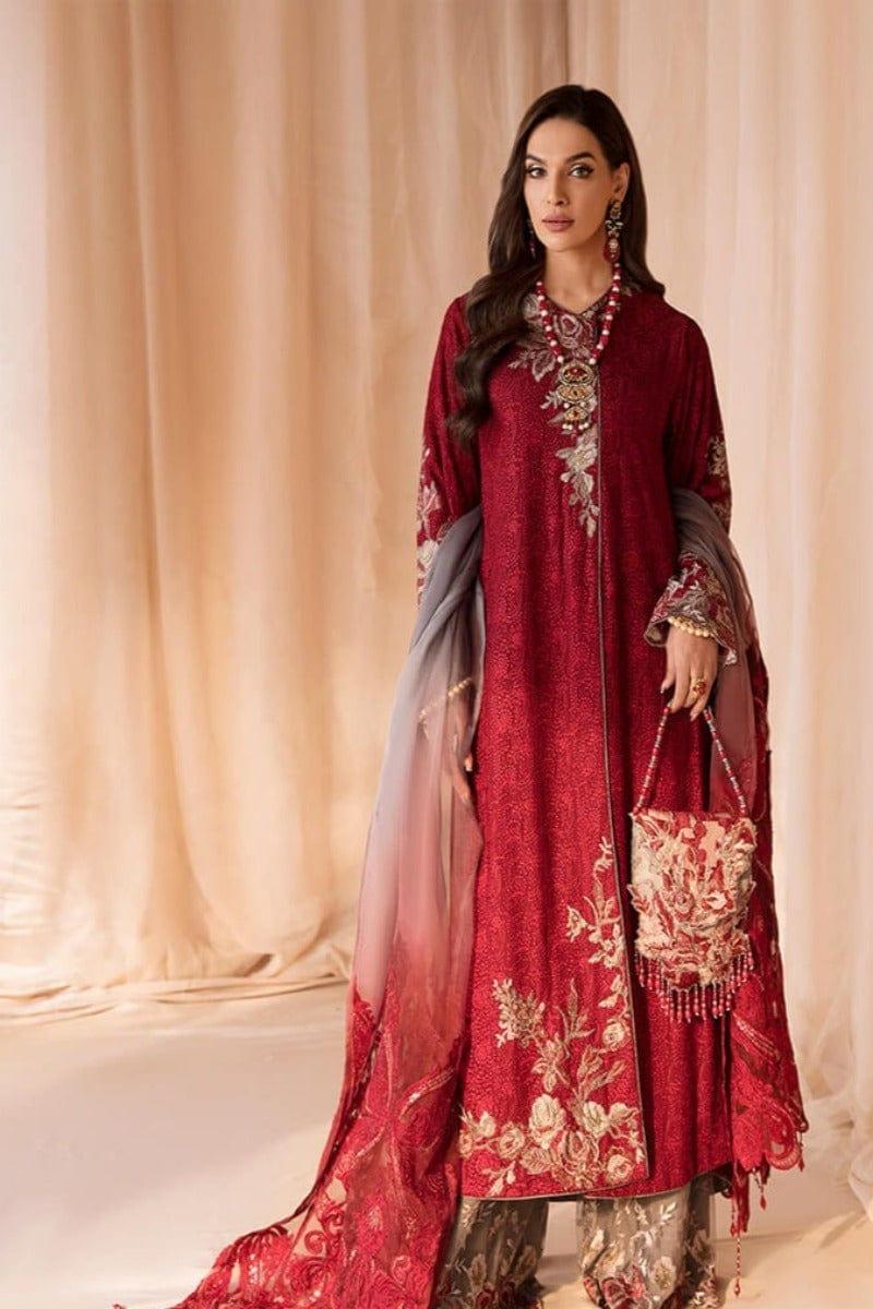 Nilofer Shahid - Carnation flame - Flower Embroidered - 3 Piece