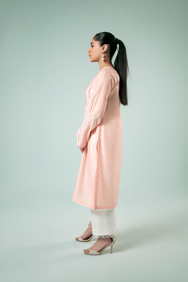 FOZIA KHALID  - Peachy Lace Tunic - Peachy Pink - Paper Silk - 1 Piece