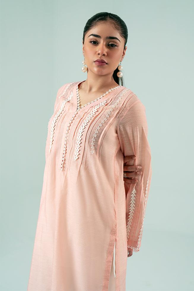 FOZIA KHALID  - Peachy Lace Tunic - Peachy Pink - Paper Silk - 1 Piece