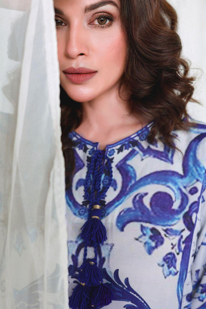 Reema Ahsan - ISHA - PK Raw silk  - White & blue  - 2 Piece