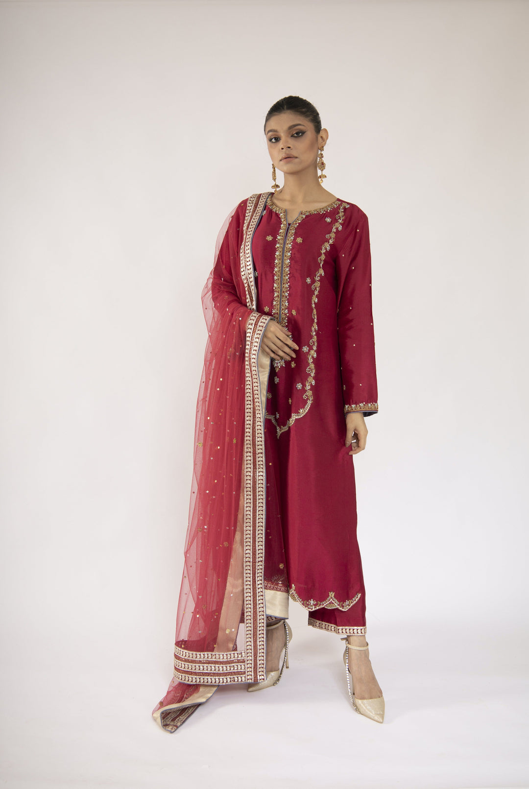 Sadia Aamir - A'eera - Magenta Embroidered Sheesha Silk Shirt and Culottes with Net Dupatta - 3 Piece - Studio by TCS