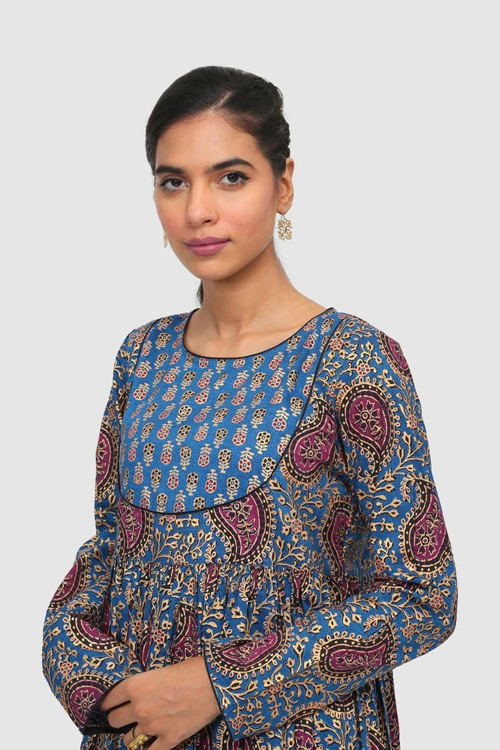 Generation - Blue Buta Print Blocked Dress - Cotton Cambric - 1 Piece