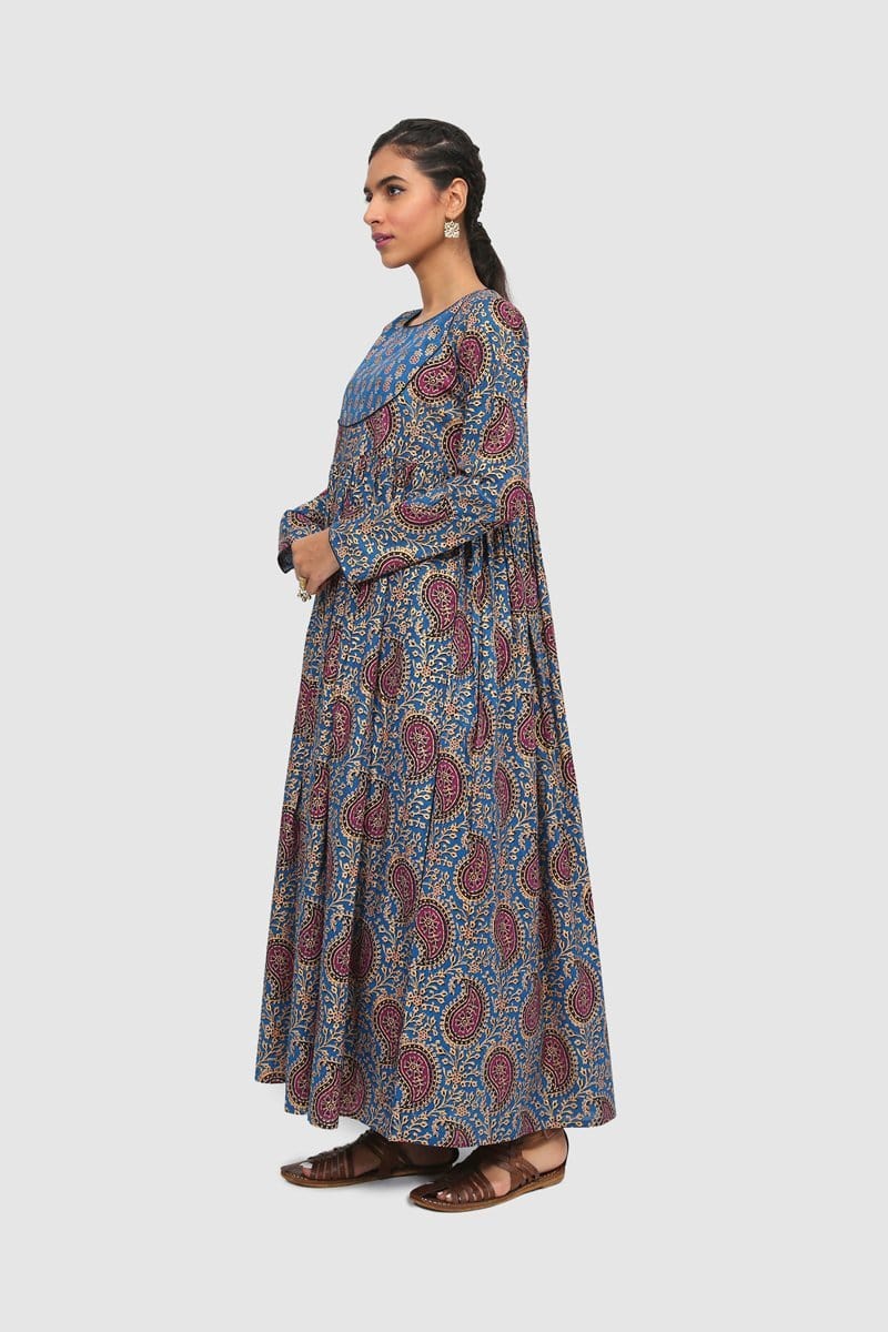 Generation - Blue Buta Print Blocked Dress - Cotton Cambric - 1 Piece