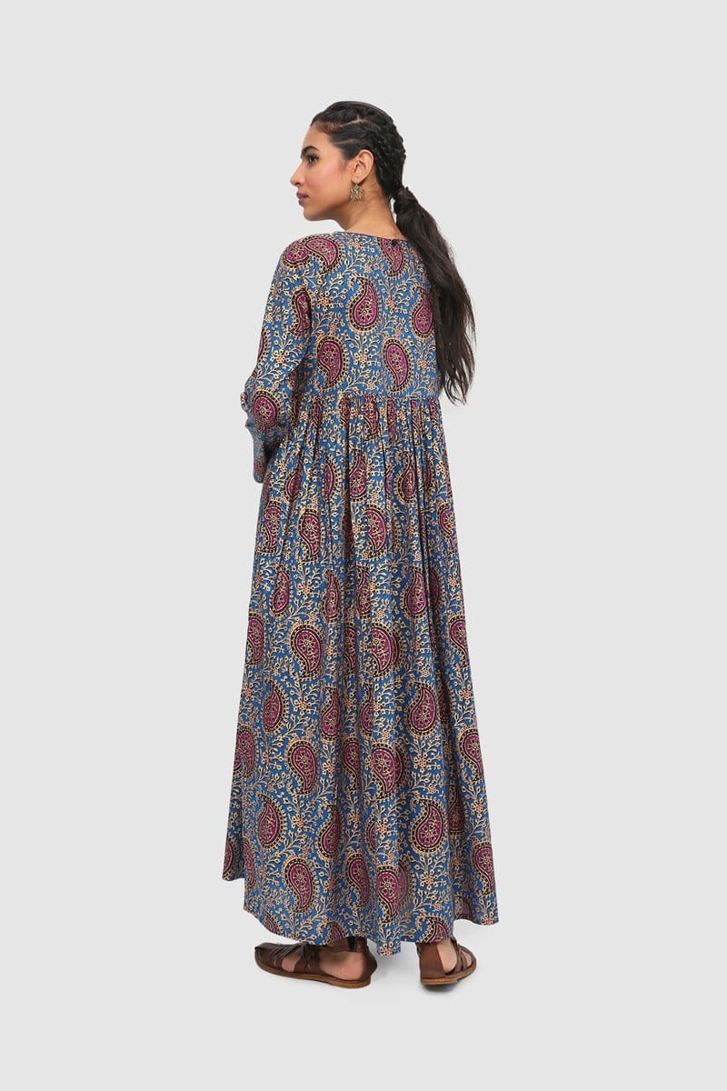 Generation - Blue Buta Print Blocked Dress - Cotton Cambric - 1 Piece