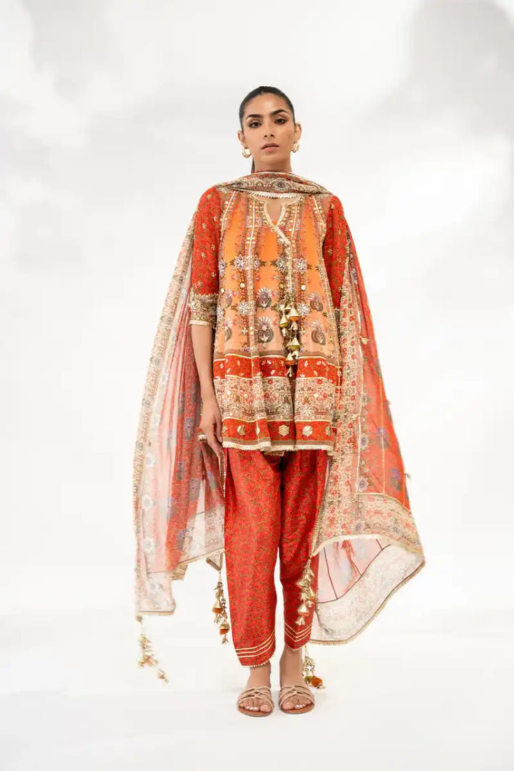 Sania Maskatiya - Afsana - Georgette & KhaddiSilk - Burnt Orange - Shalwar, Dupatta & Angrakha - 3 Piece