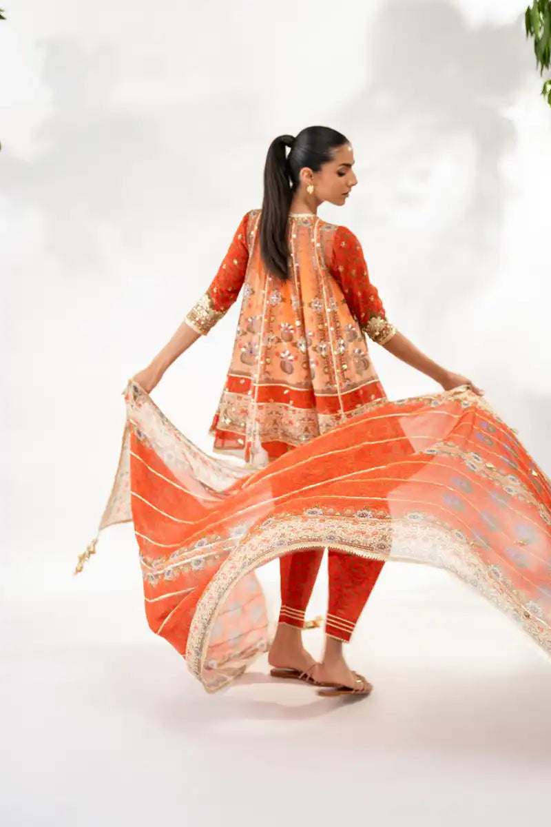 Sania Maskatiya - Afsana - Georgette & KhaddiSilk - Burnt Orange - Shalwar, Dupatta & Angrakha - 3 Piece