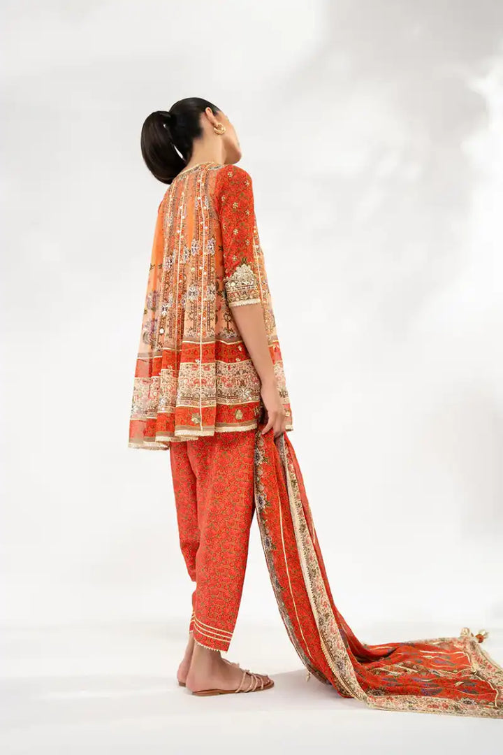 Sania Maskatiya - Afsana - Georgette & KhaddiSilk - Burnt Orange - Shalwar, Dupatta & Angrakha - 3 Piece