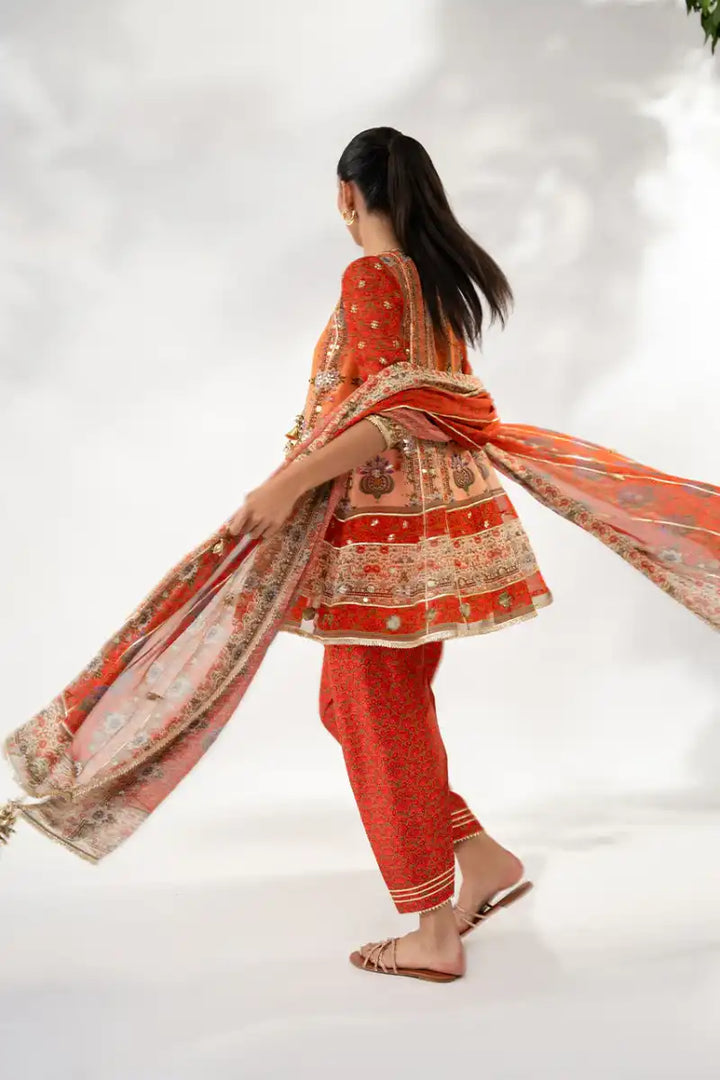 Sania Maskatiya - Afsana - Georgette & KhaddiSilk - Burnt Orange - Shalwar, Dupatta & Angrakha - 3 Piece