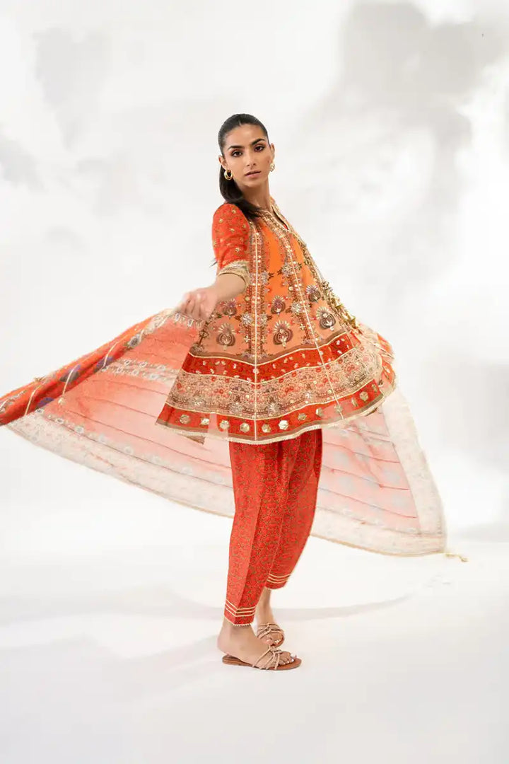 Sania Maskatiya - Afsana - Georgette & KhaddiSilk - Burnt Orange - Shalwar, Dupatta & Angrakha - 3 Piece