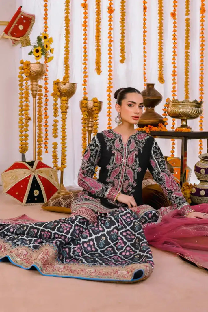 Reema Ahsan - Alizay  - Raw silk, Shamoos & Net - Black & Hot Pink - 3 Piece