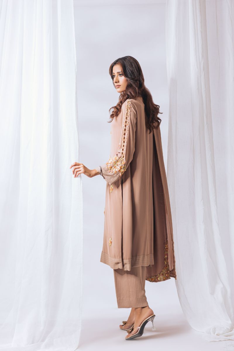 Khayal by Shaista Hasan - Amber gold - Pure Georgette & Chiffon - 3 Piece