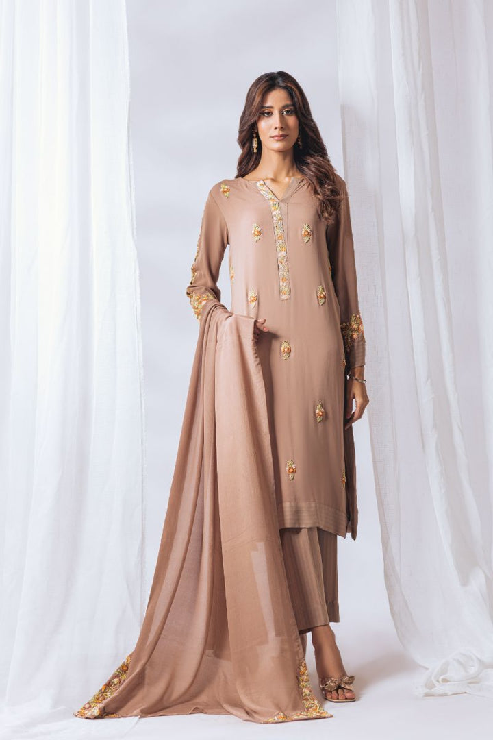 Khayal by Shaista Hasan - Amber gold - Pure Georgette & Chiffon - 3 Piece