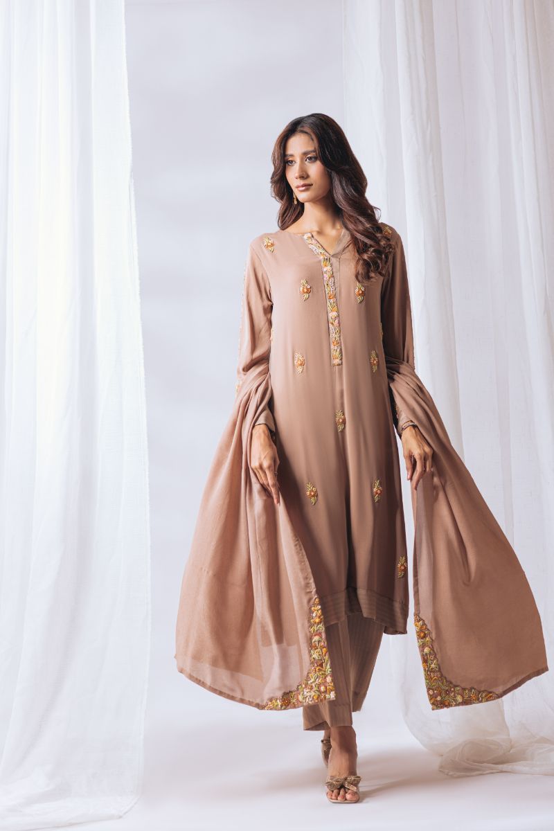 Khayal by Shaista Hasan - Amber gold - Pure Georgette & Chiffon - 3 Piece