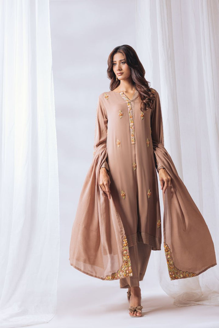 Khayal by Shaista Hasan - Amber gold - Pure Georgette & Chiffon - 3 Piece