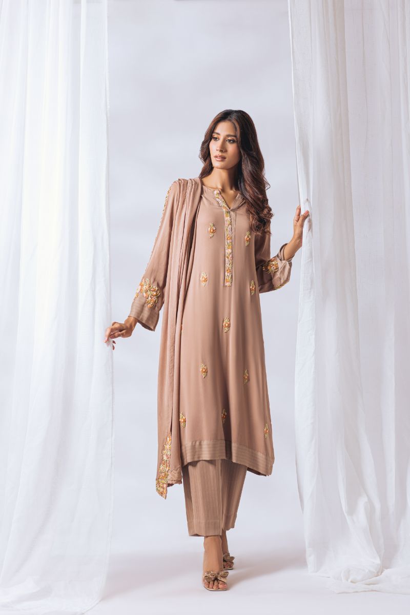 Khayal by Shaista Hasan - Amber gold - Pure Georgette & Chiffon - 3 Piece