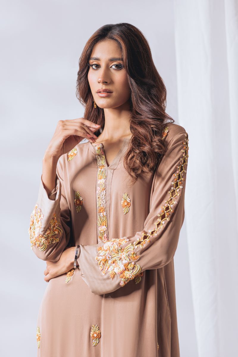 Khayal by Shaista Hasan - Amber gold - Pure Georgette & Chiffon - 3 Piece