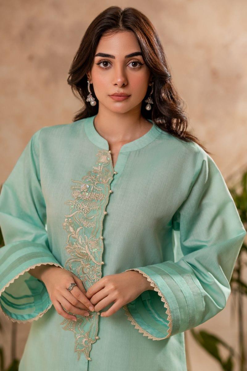 Fozia Khalid - Aqua Mint Tunic with Trouser - Cotton - 2 Piece - Studio by TCS