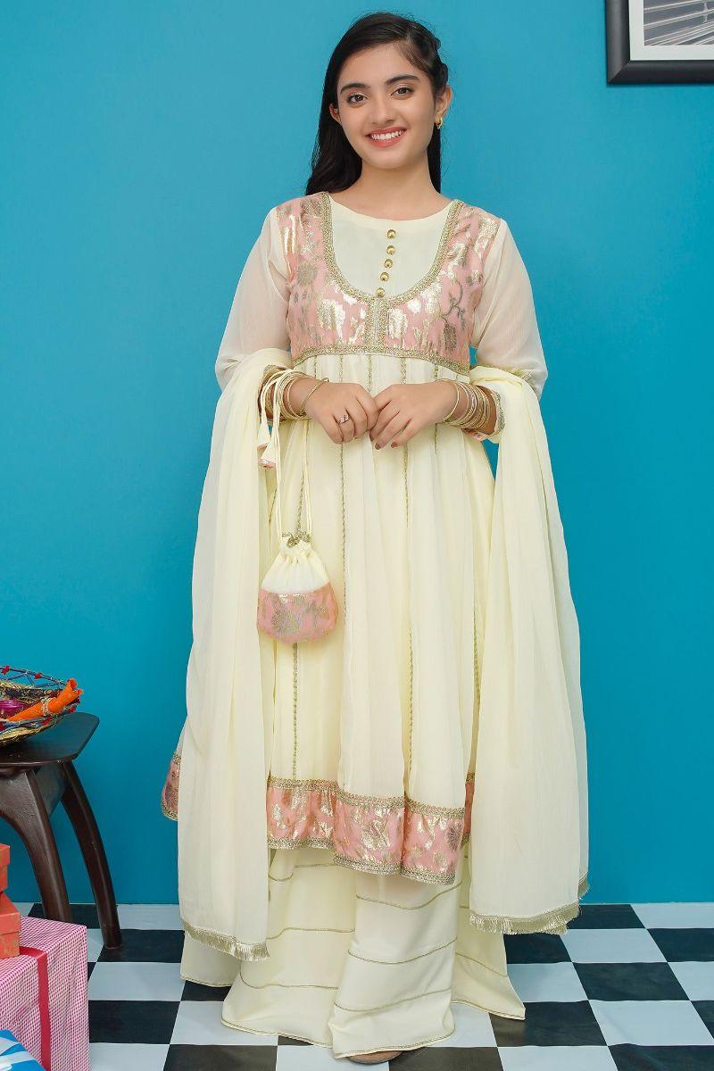 Modest - Anmol - Pink - Chiffon - Girls 3 Piece Suit