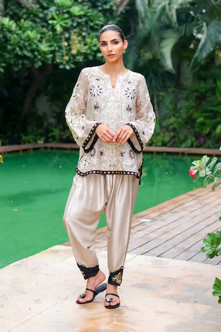 Sania Maskatiya - Asha - Pure Rawsilk, Organza - Champagne - Shirt, Slip & Shalwar - 3 Piece