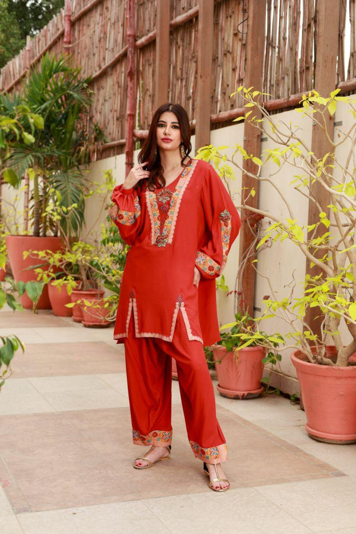 Huma Adnan - Aster  - Linen - Rust - 2 Piece - Stitched