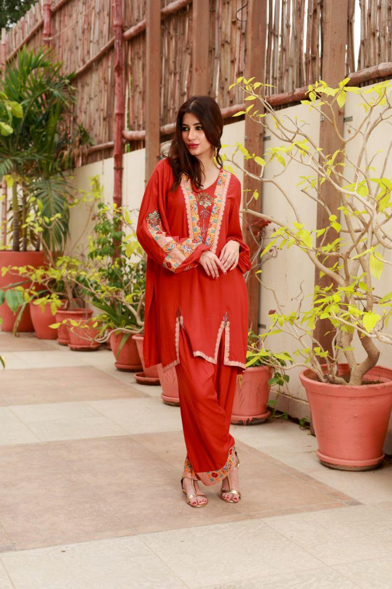 Huma Adnan - Aster  - Linen - Rust - 2 Piece - Stitched