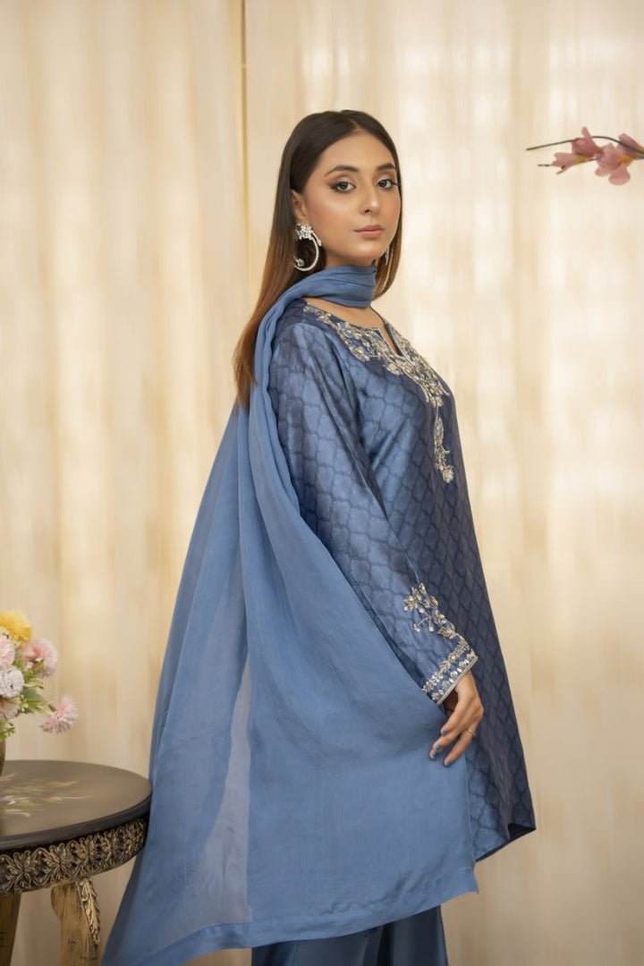 Sadia Aamir - Azm - Blue - Sheesha Silk - 3 Piece