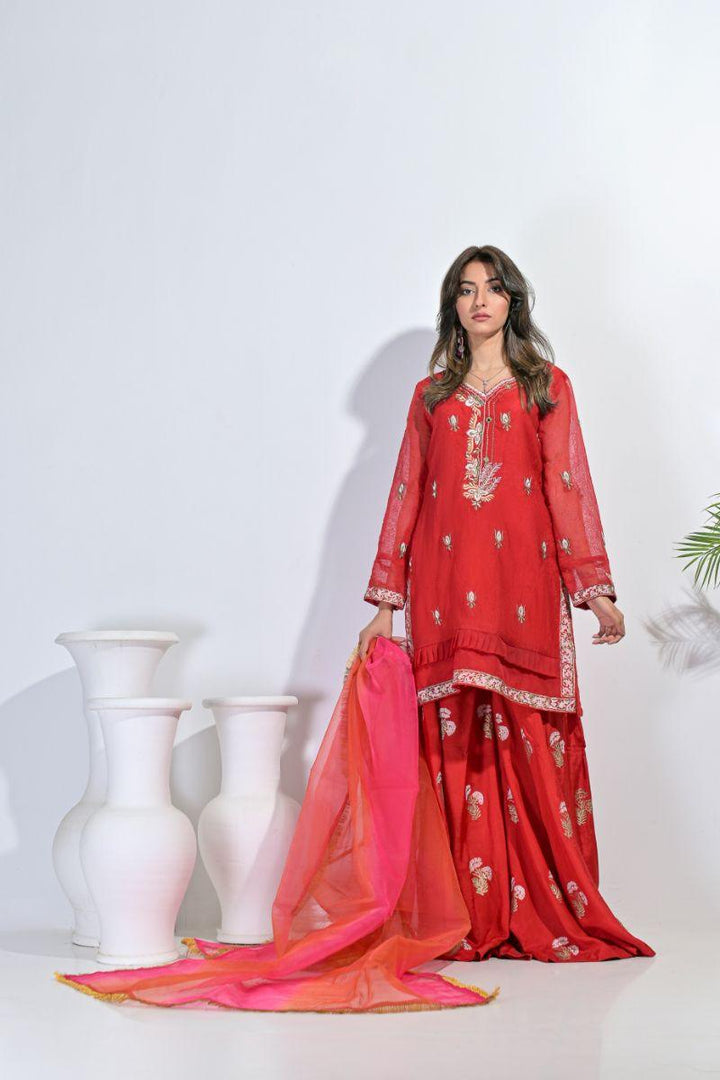 Rubys Couture - Muntaha - Red - Lehnga - Khadi, Silk & Organza - 3 Piece