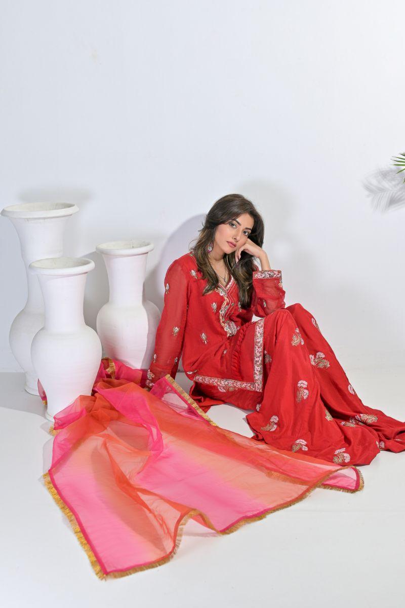 Rubys Couture - Muntaha - Red - Lehnga - Khadi, Silk & Organza - 3 Piece