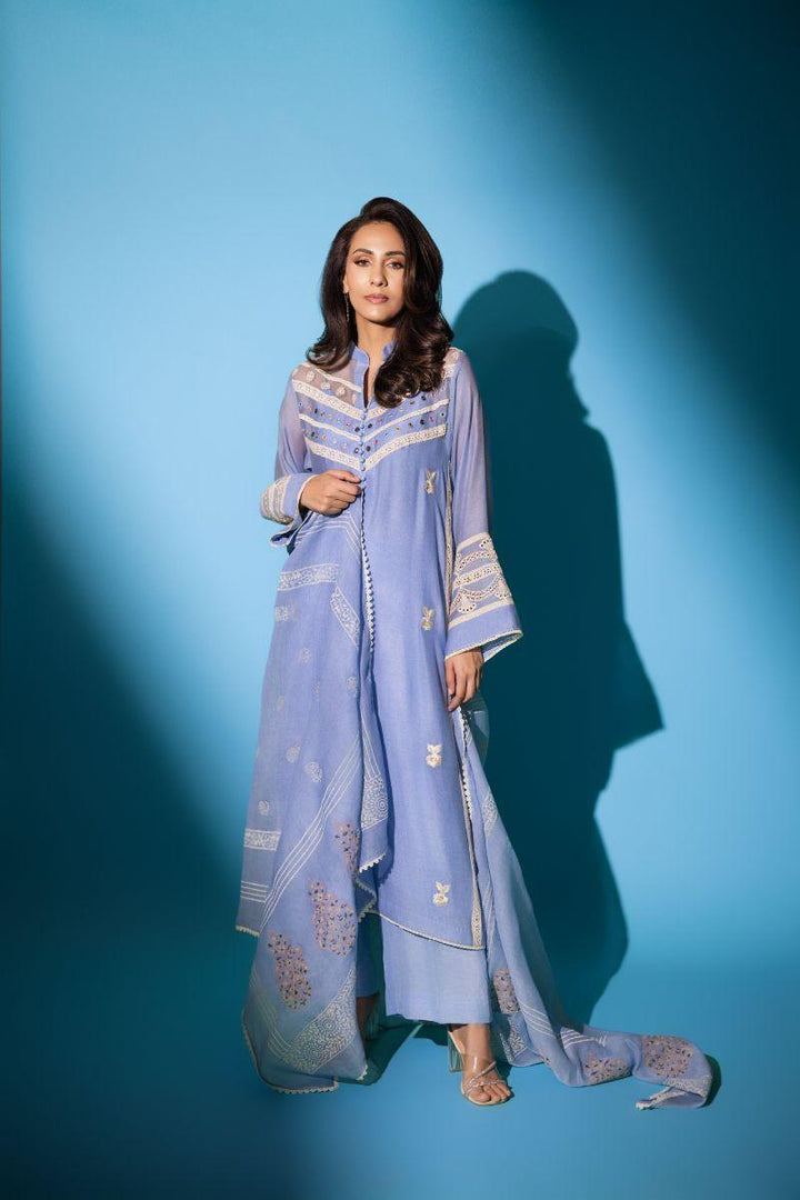 Insia Sohail - Blocked in Blue - 3 Piece - cotton net