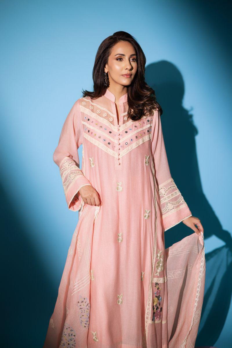 Insia Sohail - Blocked in Pink - 3 Piece - cotton net