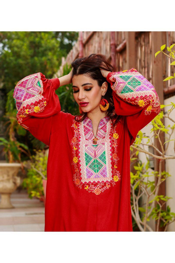 Huma Adnan - Blossom - Linen - Rust - 2 Piece - Stitched