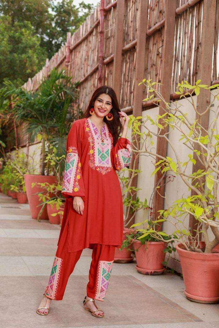 Huma Adnan - Blossom - Linen - Rust - 2 Piece - Stitched