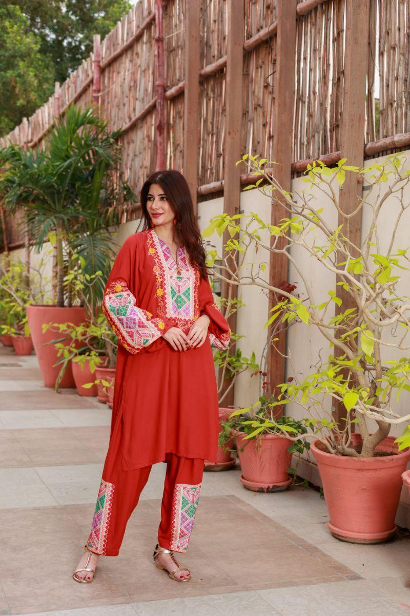 Huma Adnan - Blossom - Linen - Rust - 2 Piece - Stitched