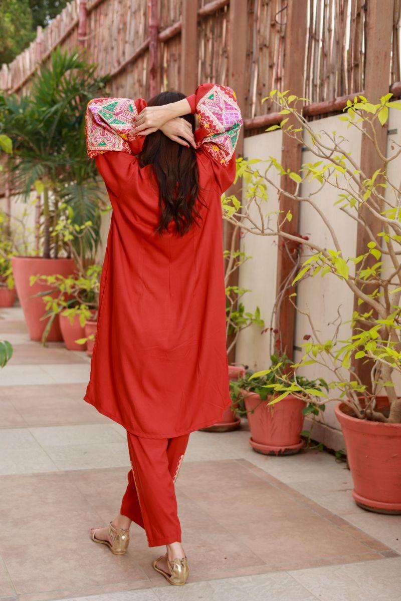 Huma Adnan - Blossom - Linen - Rust - 2 Piece - Stitched