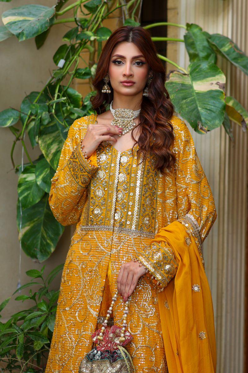 Huma Adnan - Chambeli - Chiffon - Mustard - 3 Piece