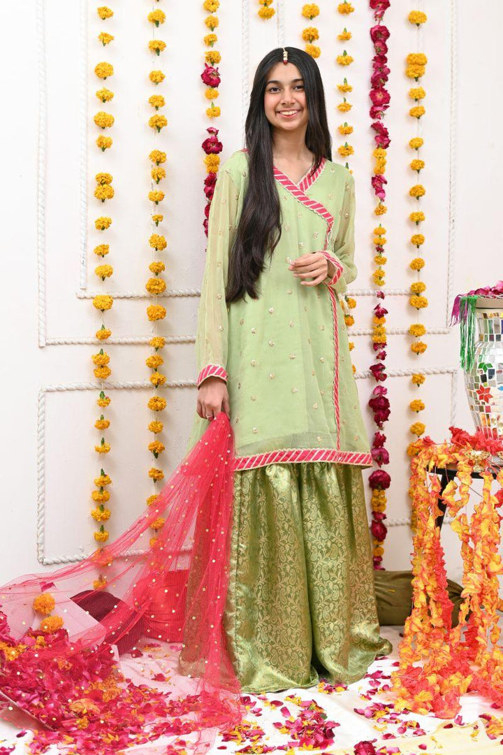 Mom4Little -Mint Green Anghrakha Frock