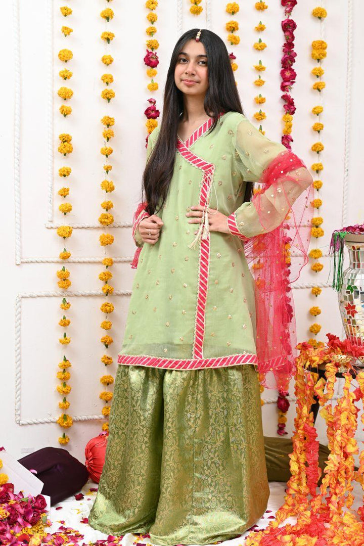 Mom4Little -Mint Green Anghrakha Frock