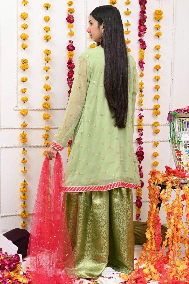 Mom4Little -Mint Green Anghrakha Frock