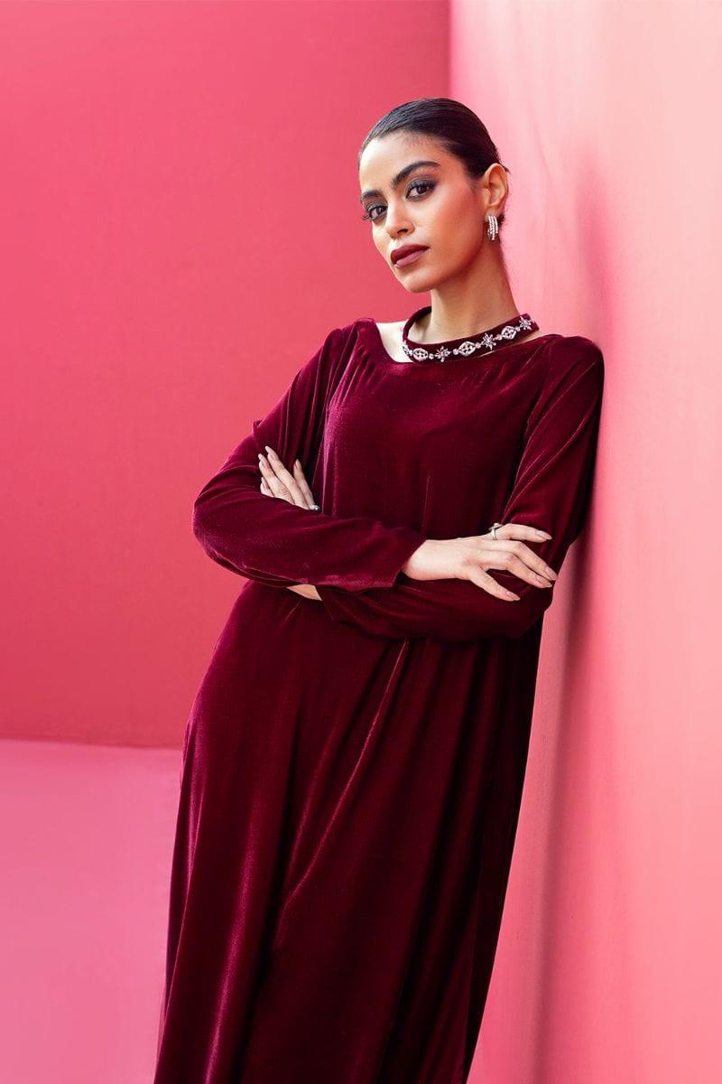 Fozia Khalid - ZARIA - Velvet - Maroon - 2 Piece - Studio by TCS