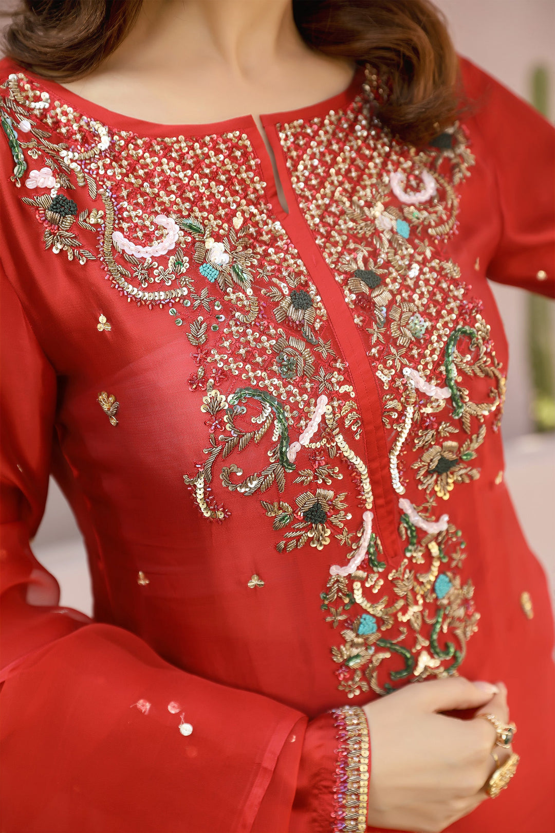 Arif Ashraf - ZEENAN - Deep Red - Tissue Silk and Organza and Crush Silk - 3 Piece