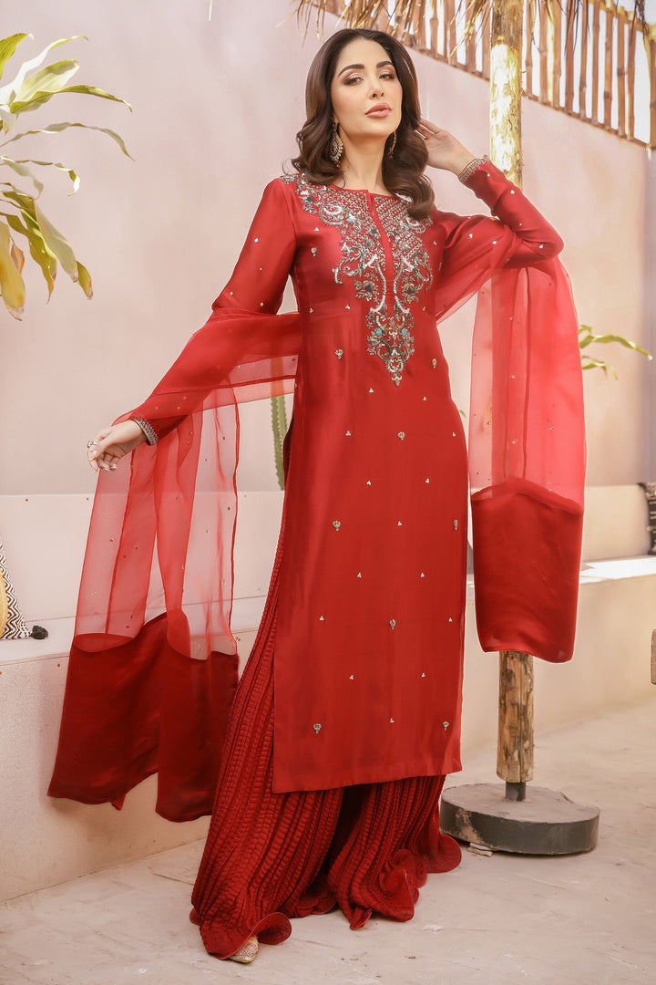 Arif Ashraf - ZEENAN - Deep Red - Tissue Silk and Organza and Crush Silk - 3 Piece