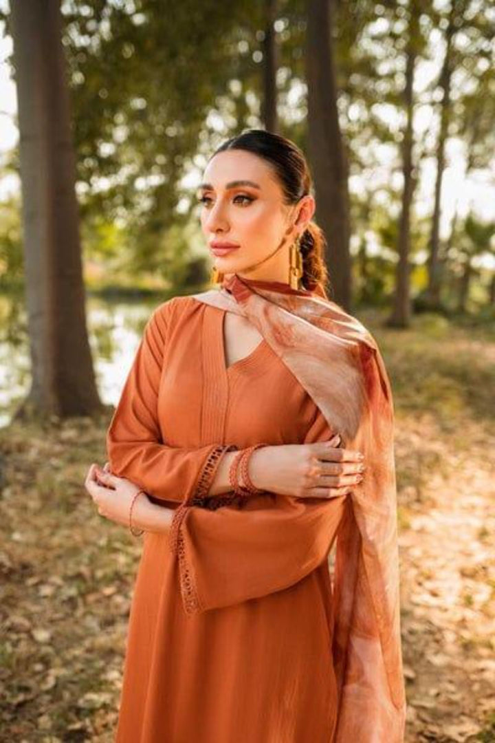 Natasha Kamal - Rust Coord Set with Silk Printed Dupatta - 3 Pieces