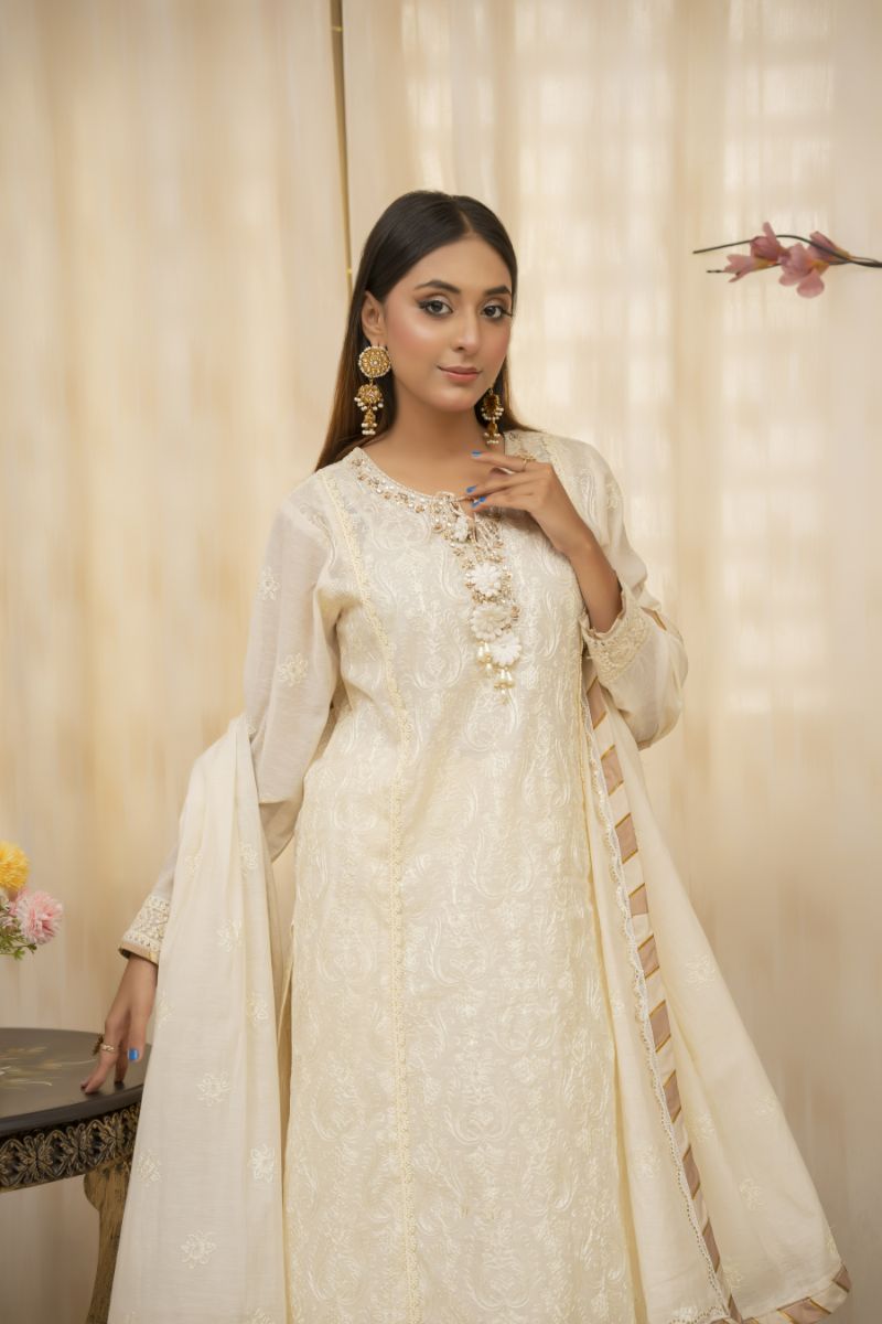 Sadia Aamir - Minara - Ivory  - Paper Cotton - 3 Piece