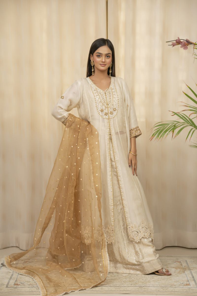 Sadia Aamir - Anabia - Ivory and beige - Silk Organza - 4 Piece