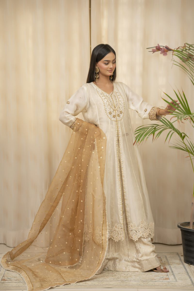 Sadia Aamir - Anabia - Ivory and beige - Silk Organza - 4 Piece