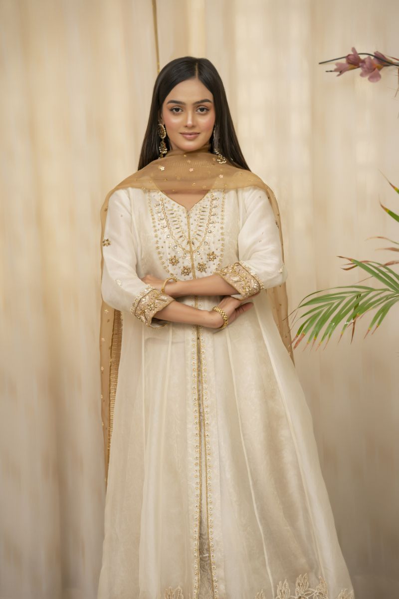 Sadia Aamir - Anabia - Ivory and beige - Silk Organza - 4 Piece