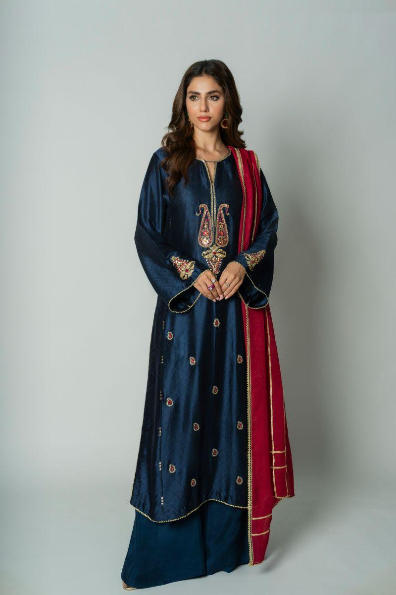 Insia Sohail - Leila - Navy - Embossed Silk