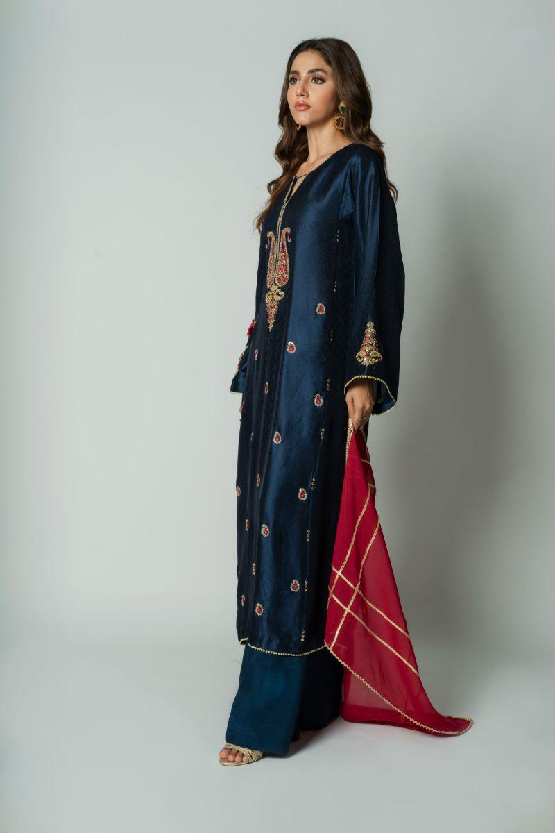 Insia Sohail - Leila - Navy - Embossed Silk