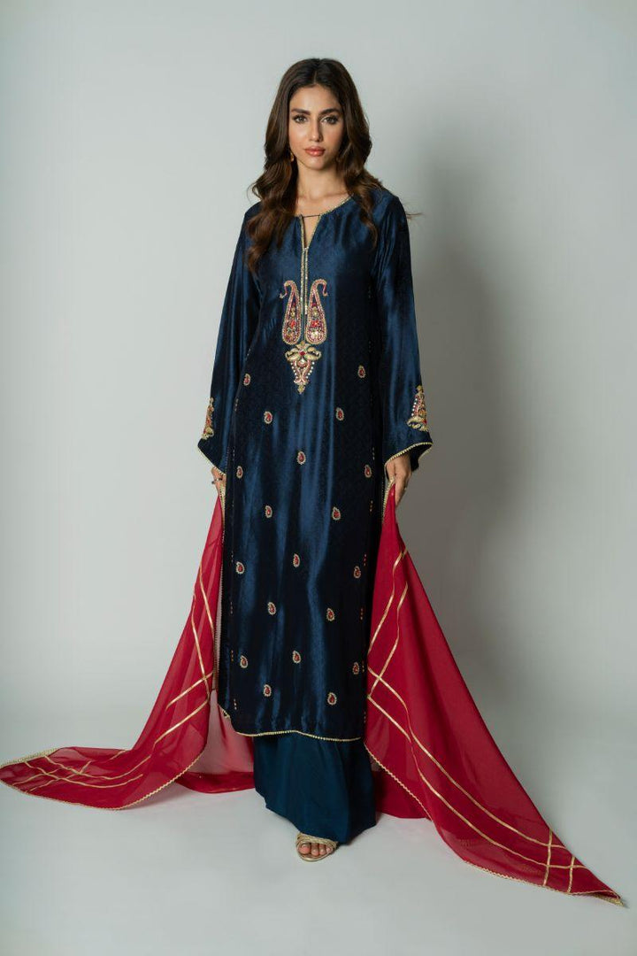 Insia Sohail - Leila - Navy - Embossed Silk