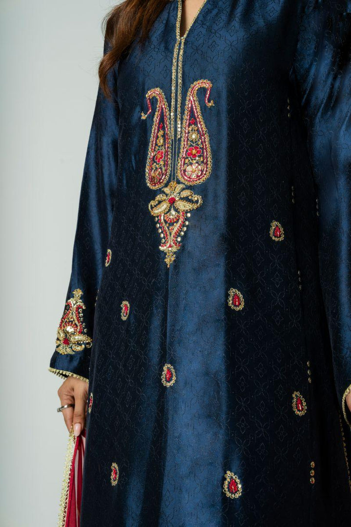 Insia Sohail - Leila - Navy - Embossed Silk